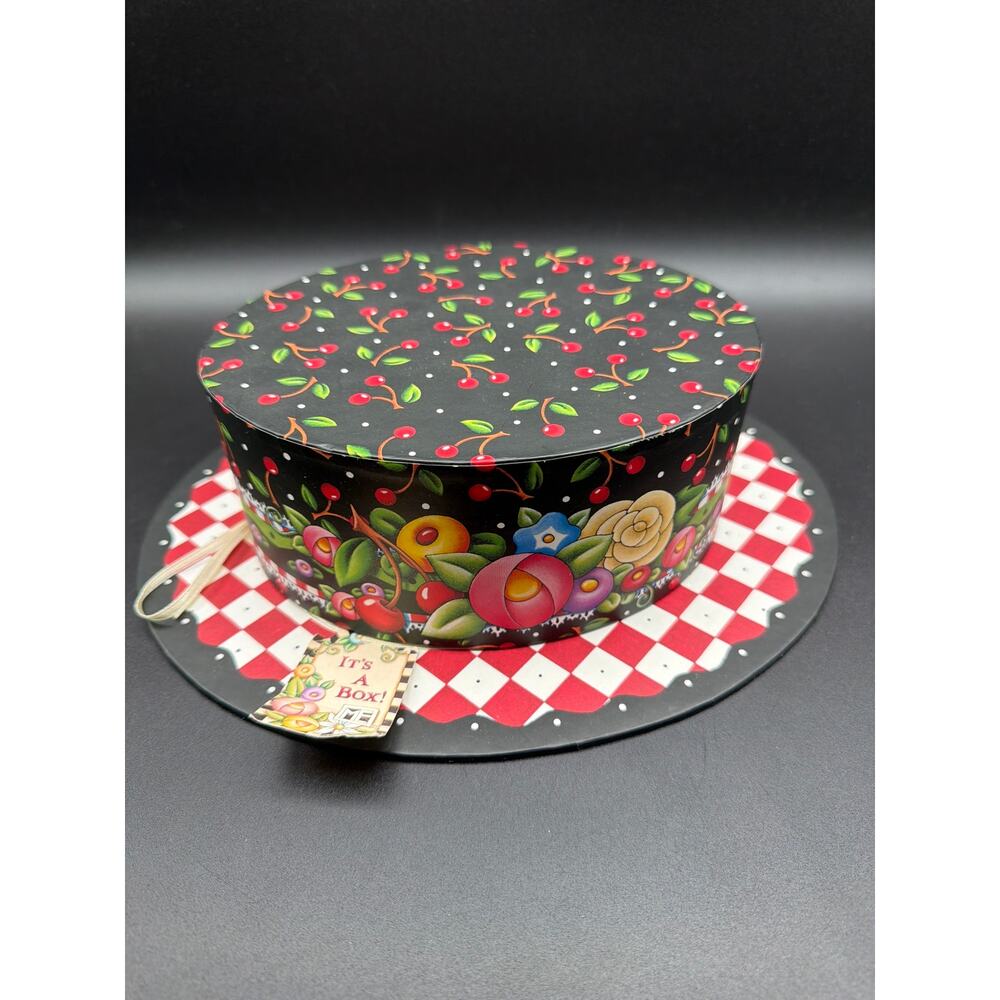 Mary Engelbreit Hat Box With Tag “It’s A Box” Floral Checkerboard Lid 10.5” 2000